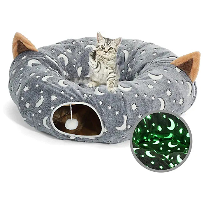 Tubo de cama de túnel para gatos con cojín y juguete de peluche