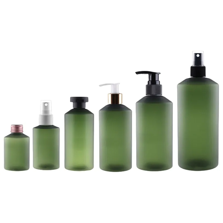 Botella de champú de tóner verde esbelto de hombro oblicuo